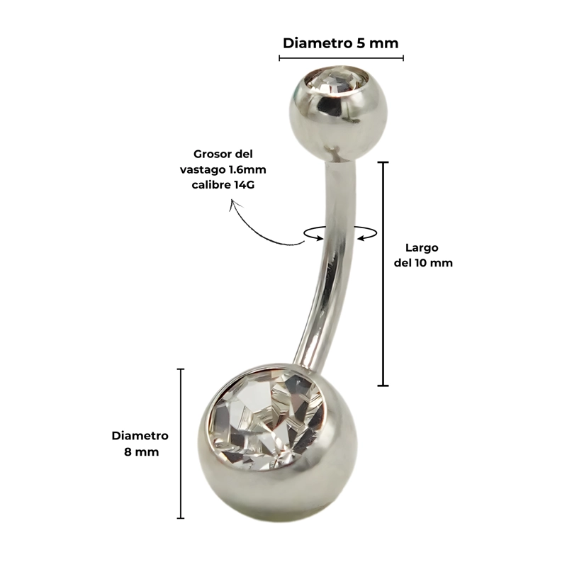 PIERCING OMBLIGO 14G NAVEL PLATEADO 10MM  TITANIO ASTM F136 - 1