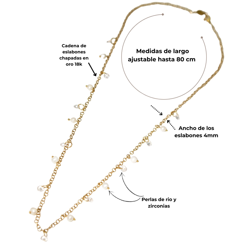 COLLAR LARGO 80CM AJUSTABLE TALASA ZIRCONIAS Y PERLAS CHAPADO EN ORO RIVIERE - 1