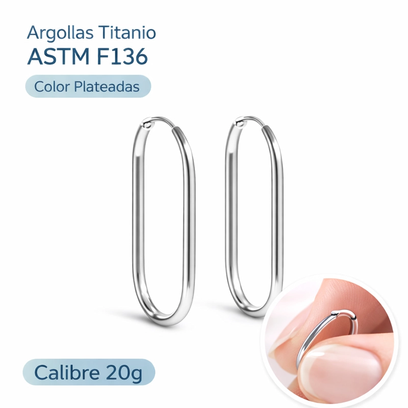 ARGOLLAS AURA LARGAS OVALADAS TITANIO ASTM F136 PLATEADAS - 1