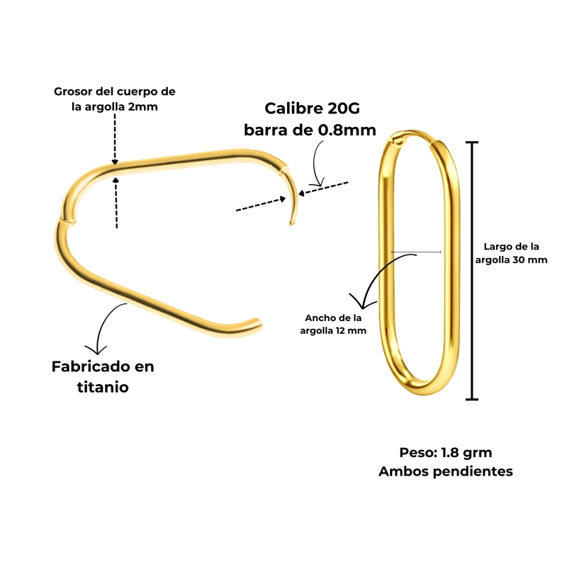 ARGOLLAS AURA OVALADAS DORADAS TITANIO ASTM F136 PVD ORO 18K 20G - 2