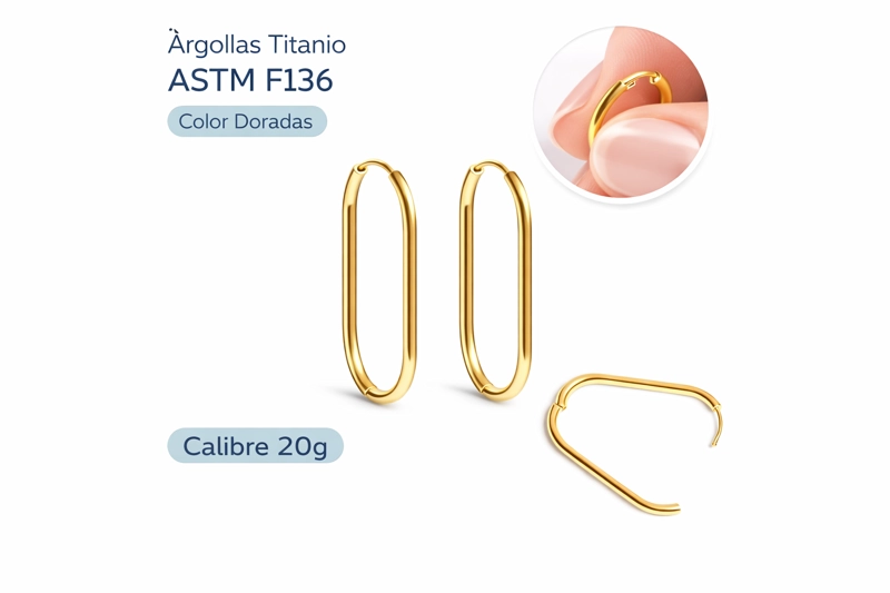 ARGOLLAS AURA OVALADAS DORADAS TITANIO ASTM F136 PVD ORO 18K 20G - 4