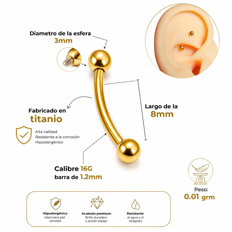 PIERCING ROOK SIENNA TITANIO 16G BARRA CURVA 8 MM - 4