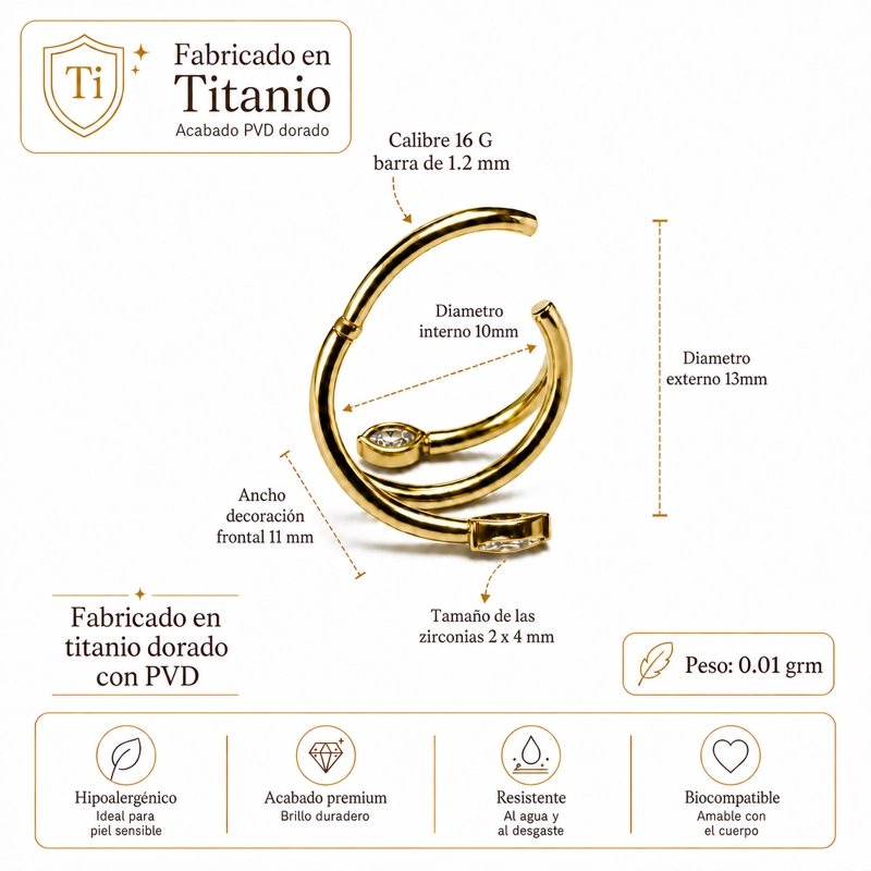 PIERCING ARGOLLA EVA ZIRCONIAS TITANIUM ASTM 136 DORADO PVD - 1