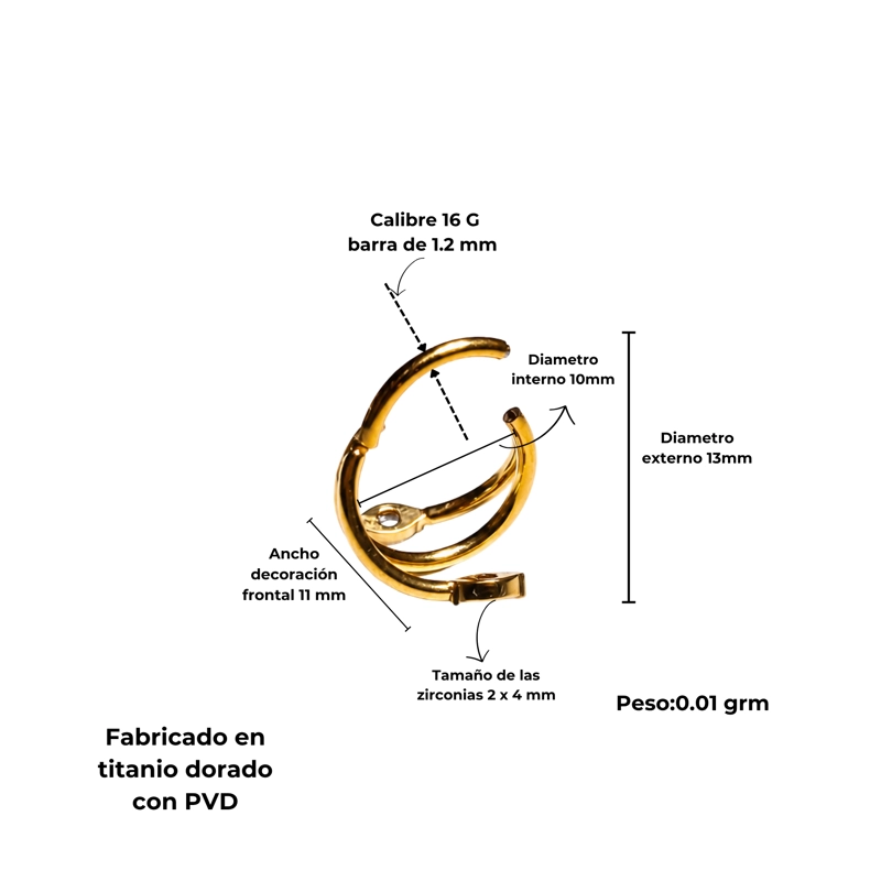 PIERCING ARGOLLA EVA ZIRCONIAS TITANIUM ASTM 136 DORADO PVD - 2