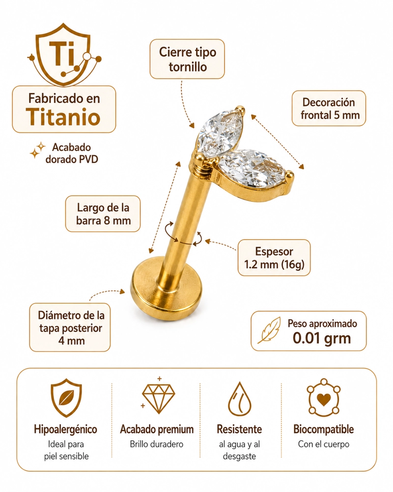 PIERCING ALBA LABRET 16G BARRA 8MM TITANIO PVD EN ORO 18K - 1