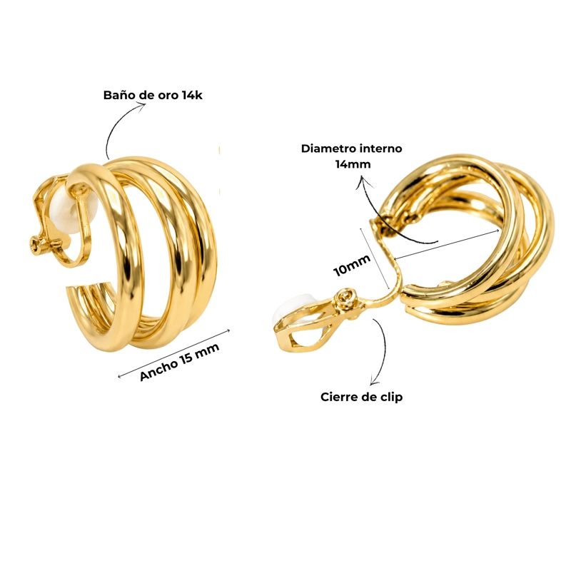 ARGOLLAS SABRINA SIN PERFORACION TRIPLE ARO BAÑADAS EN ORO 14K - 1