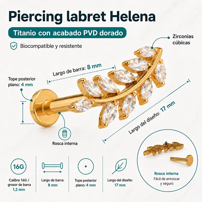 PIERCING HELENA LABRET 8MM 16G ZIRCONIAS TITANIO PVD - 1