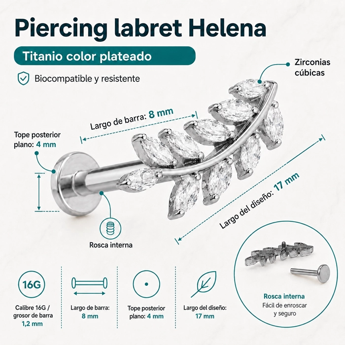 PIERCING HELENA LABRET 8MM 16G ZIRCONIAS TITANIO PLATEADO - 1