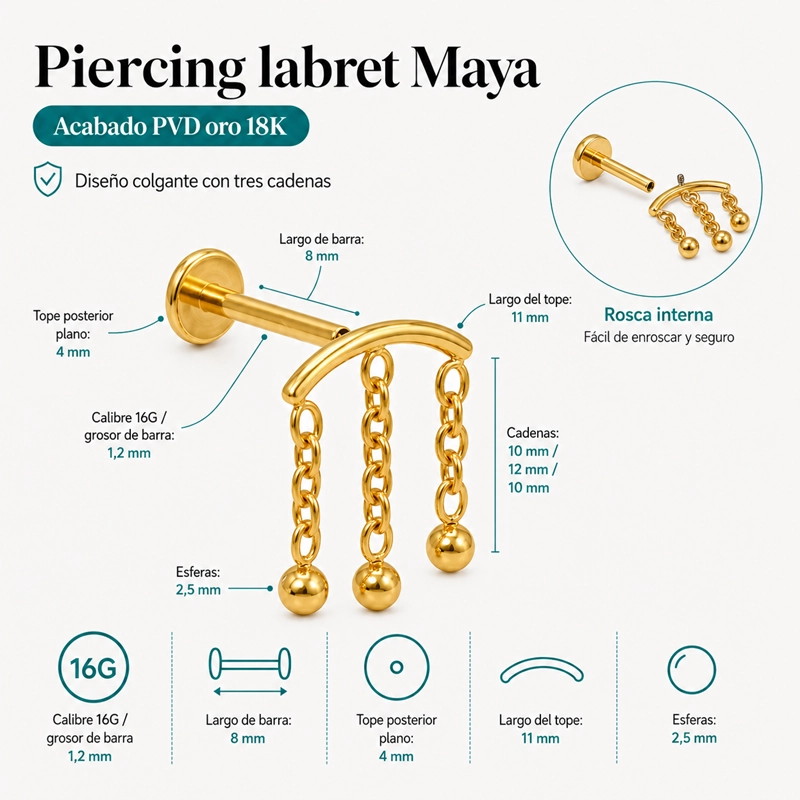 PIERCING LABRET MAYA 8MM 16G TITANIO PVD 18K - 1