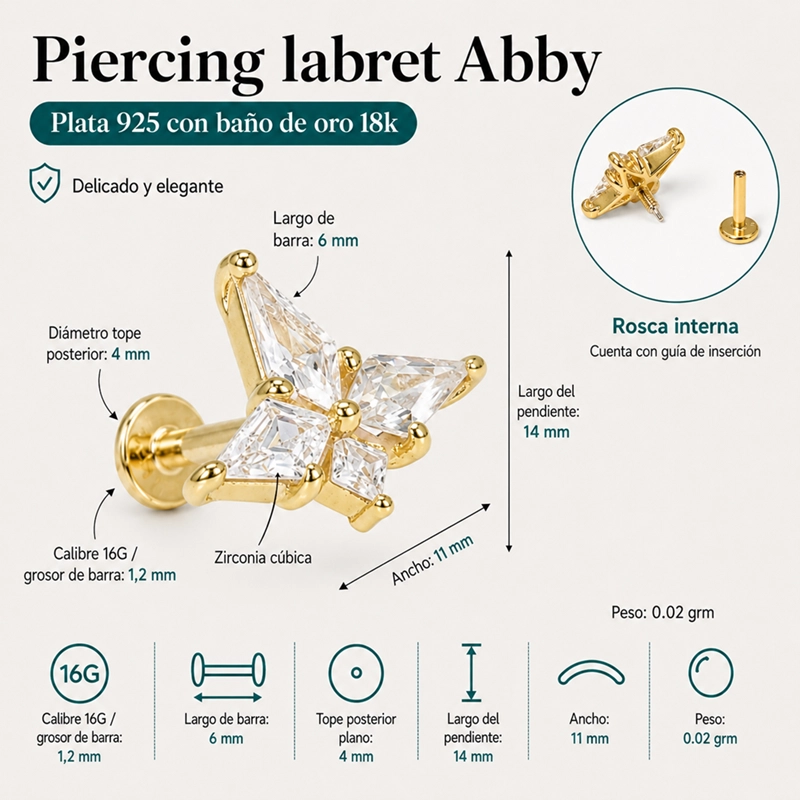 PIERCING LABRET ABBY PLATA 925 6MM 16G BAÑADA EN ORO 18K - 1