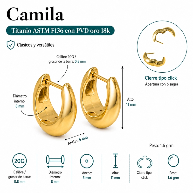 ARGOLLAS CAMILA CHUNKY 20G 8MM TITANIO PVD ORO 18 ASTM F136 - 1