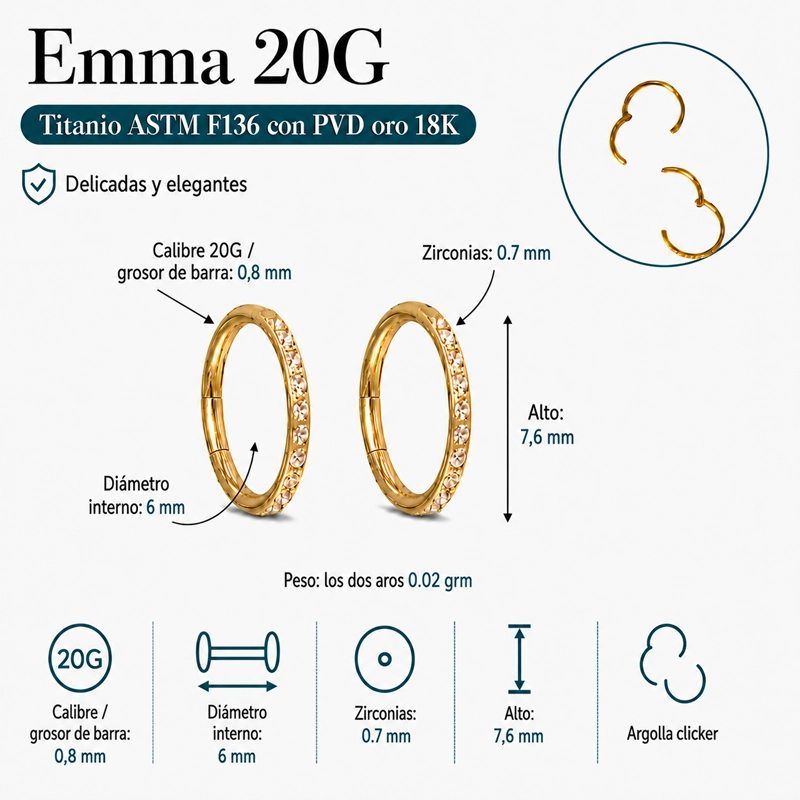 ARGOLLAS EMMA 20G 6MM ZIRCONIAS TITANIO PVD ORO 18K - 1