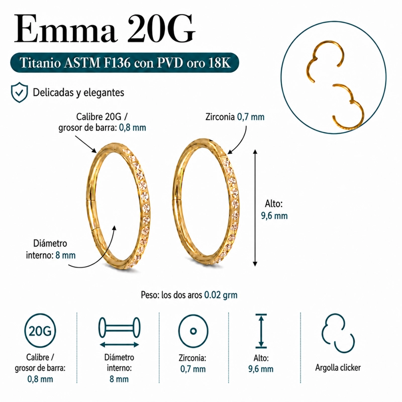 ARGOLLAS EMMA 20G 8MM ZIRCONIAS TITANIO PVD ORO 18K - 1