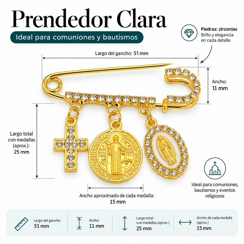 PRENDEDOR RELIGIOSO CLARA MEDALLAS ZIRCONIAS SAN BENITO VIRGEN MARIA - 1