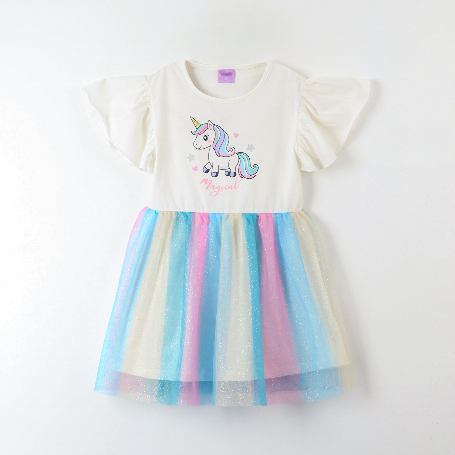 VESTIDO NIÑA TULL ARCOIRIS BLANCO UNICORNIO - 1