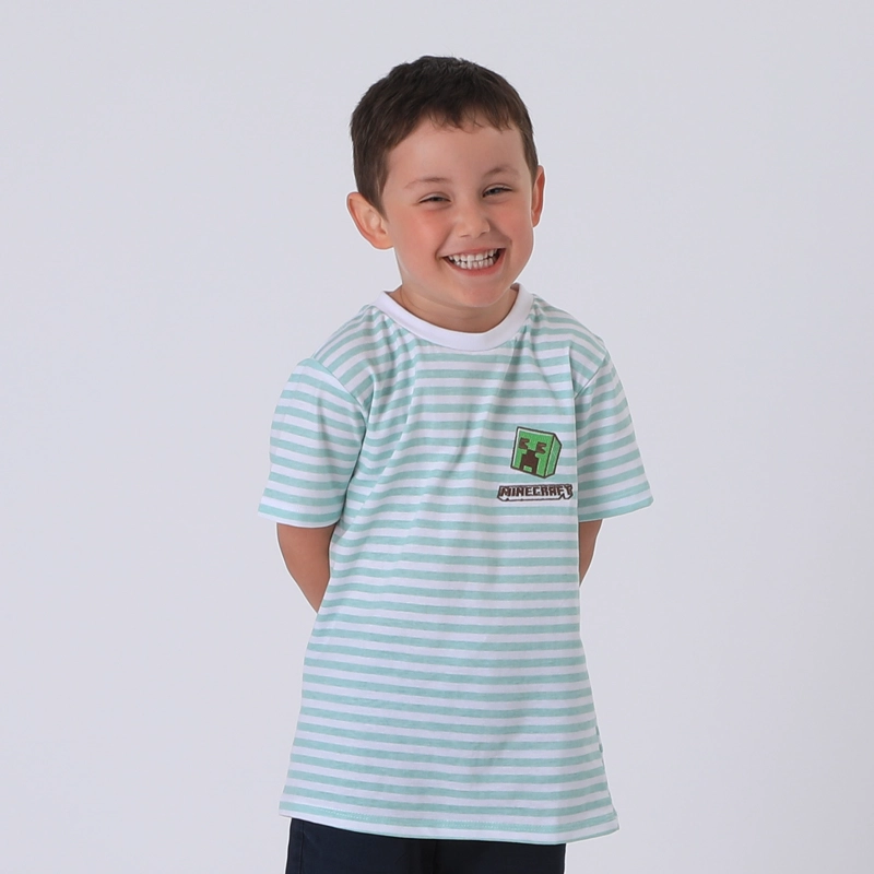 POLERA MANGA CORTA NIÑO VERDE RAYAS CREEPER MINECRAFT - 1
