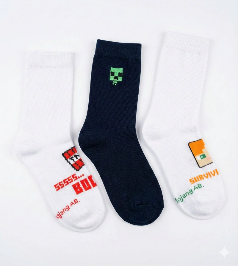 TRIPACK CALCETINES ESCOLARES NIÑO CREEPERS BLANCO MINECRAFT - 1