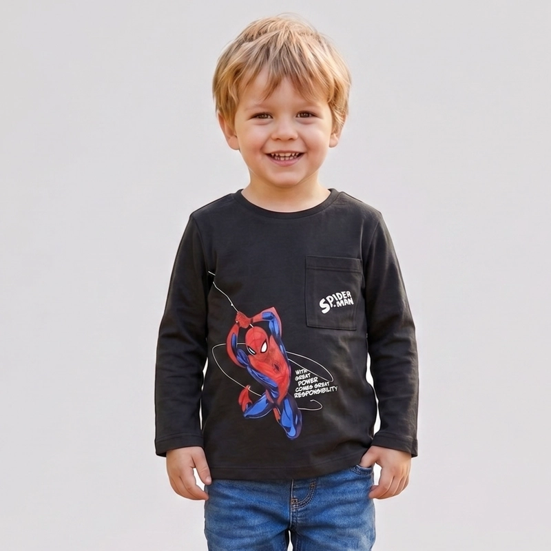 POLERA MANGA LARGA NIÑO SPIDERMAN MARVEL BOLSILLO NEGRO - 1