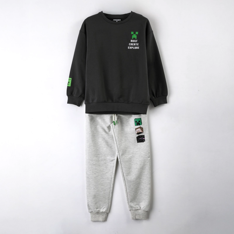 CONJUNTO BUZO NIÑO BUILT CREATE EXPLORE GRIS MINECRAFT - 1