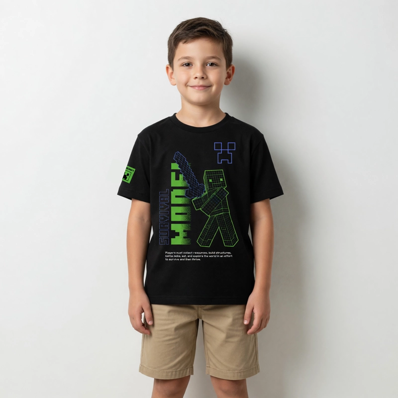 POLERA MANGA CORTA NIÑO MINECRAFT FLUOR NEGRO - 1