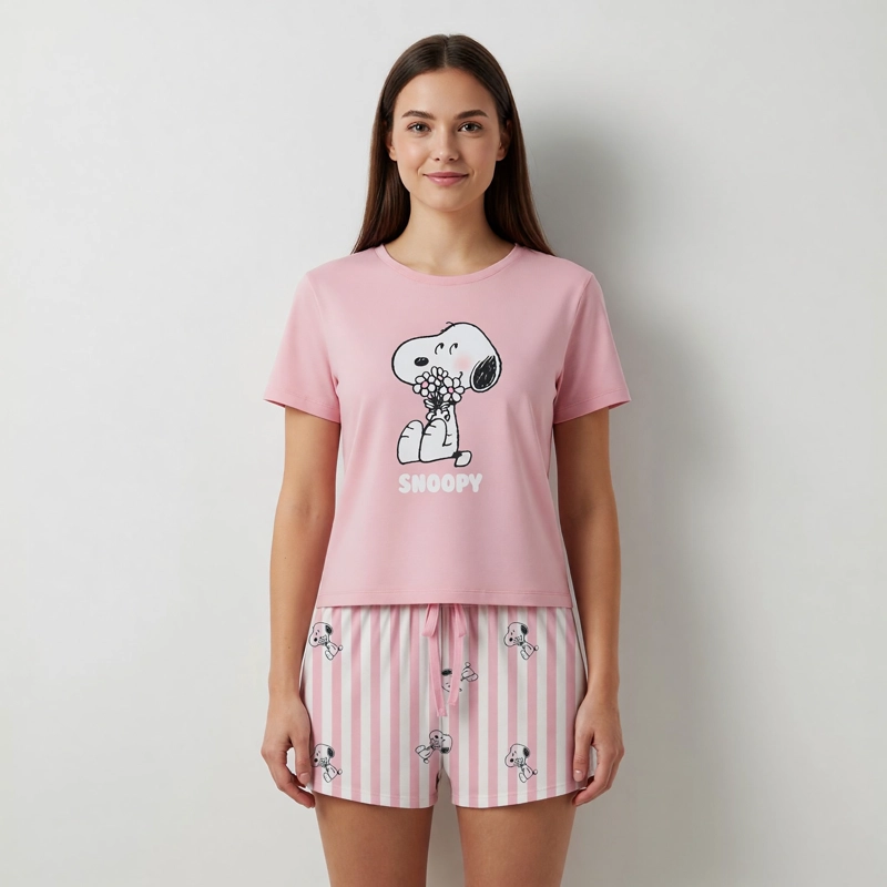 PIJAMA CORTO MUJER SNOOPY FLORES ROSADO - 1