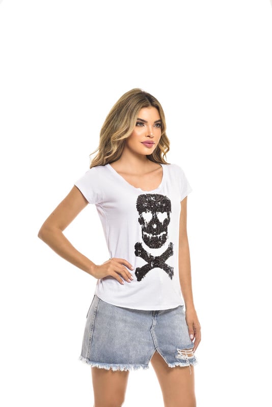 POLERA MC LENTEJUELA POISON SKULL WHITE RC-7 - 1