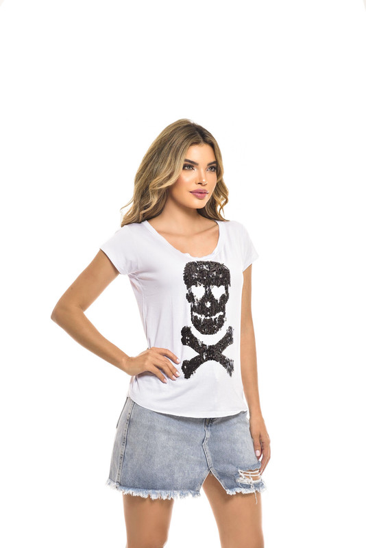 POLERA MC LENTEJUELA POISON SKULL WHITE RC-7 - 1
