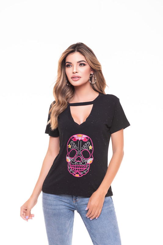POLERA CHOKER BORDADA SKULL BLACK RC-2 - 2