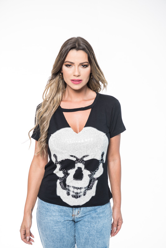 POLERA CHOKER PEDRERIA SKULL BLACK RC-7 - 2