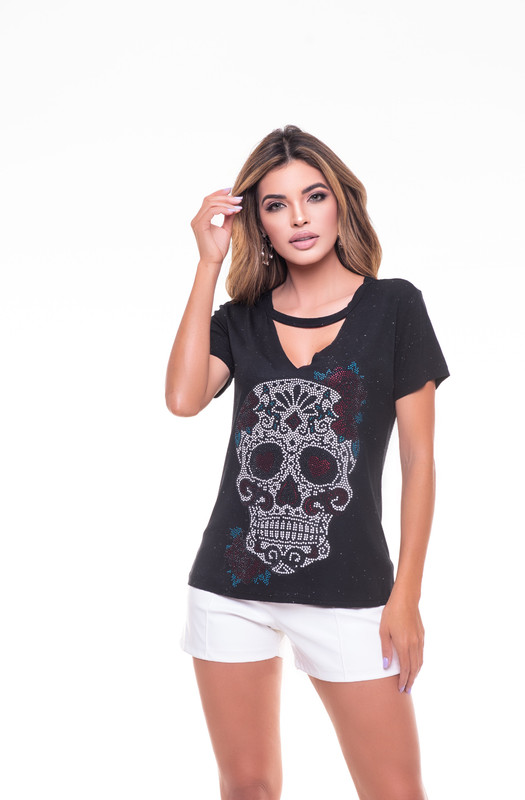 POLERA CHOKER PEDRERIA WOMAN SKULL BLACK RC-12 - 2