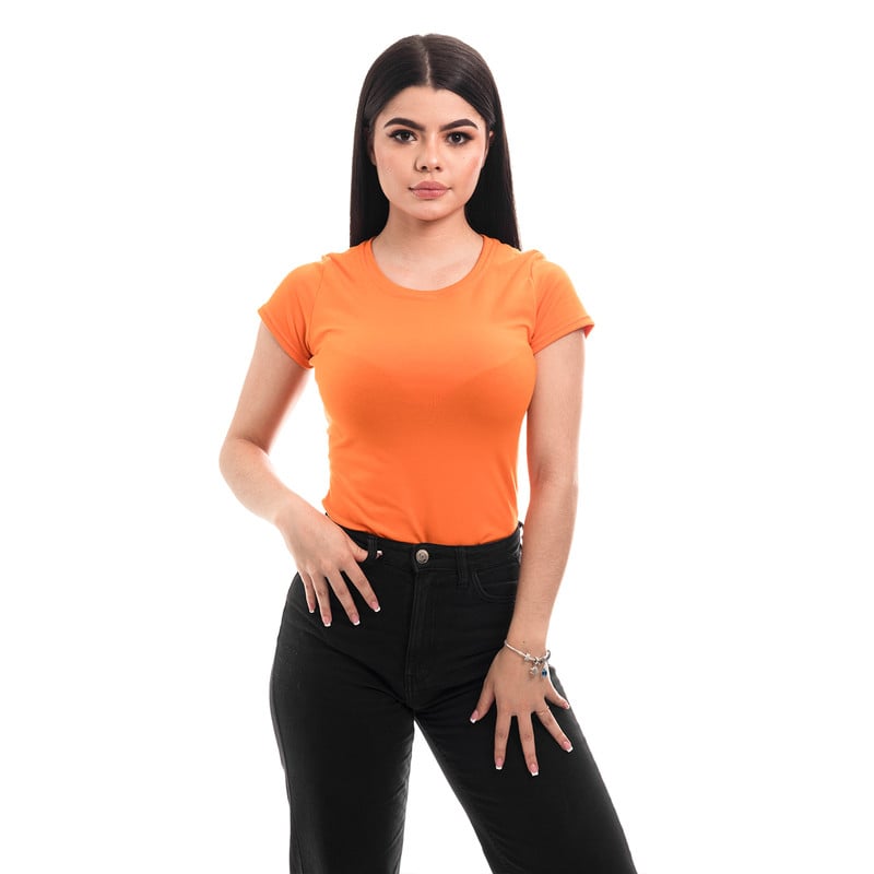 POLERA MUJER CUELLO REDONDO MANGA CORTA NARANJA - 1
