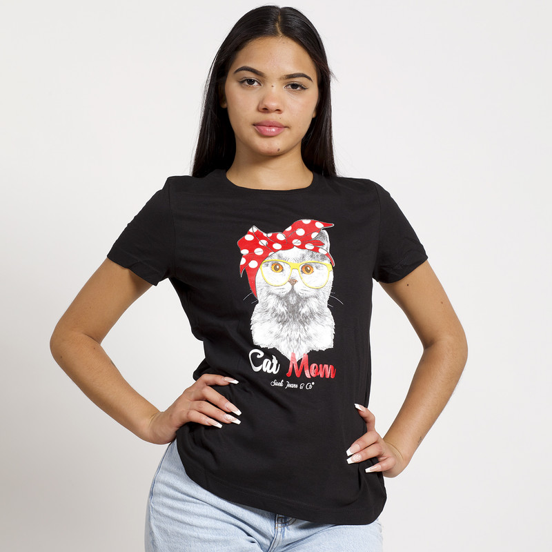POLERA MANGA CORTA NEGRA ESTAMPADO GATITA - 1