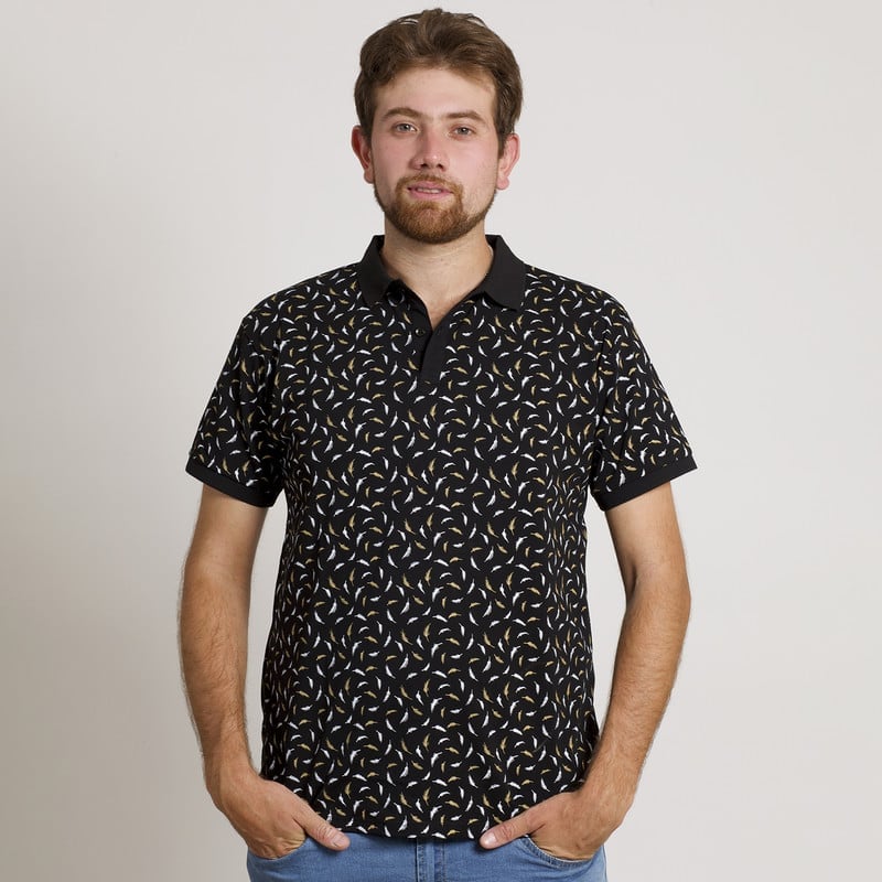 POLERA HOMBRE MANGA CORTA CUELLO POLO NEGRA/PLUMAS - 1