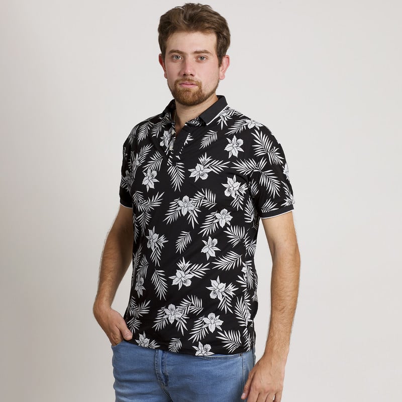 POLERA HOMBRE MC HAWAIANA CUELLO POLO NEGRA - 1