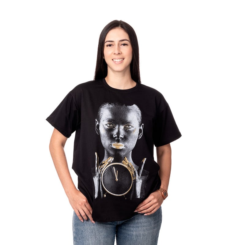 POLERA OVERSIZE MUJER SIGEL ESTAMPADO GOLDEN CLOCK NEGRO - 1