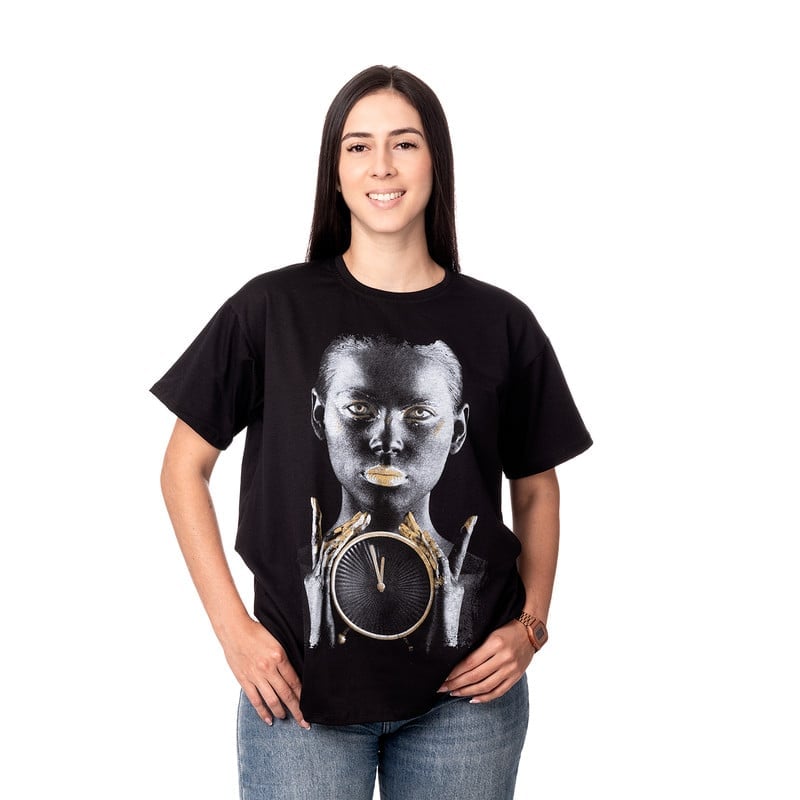 POLERA OVERSIZE MUJER SIGEL ESTAMPADO GOLDEN CLOCK NEGRO - 1