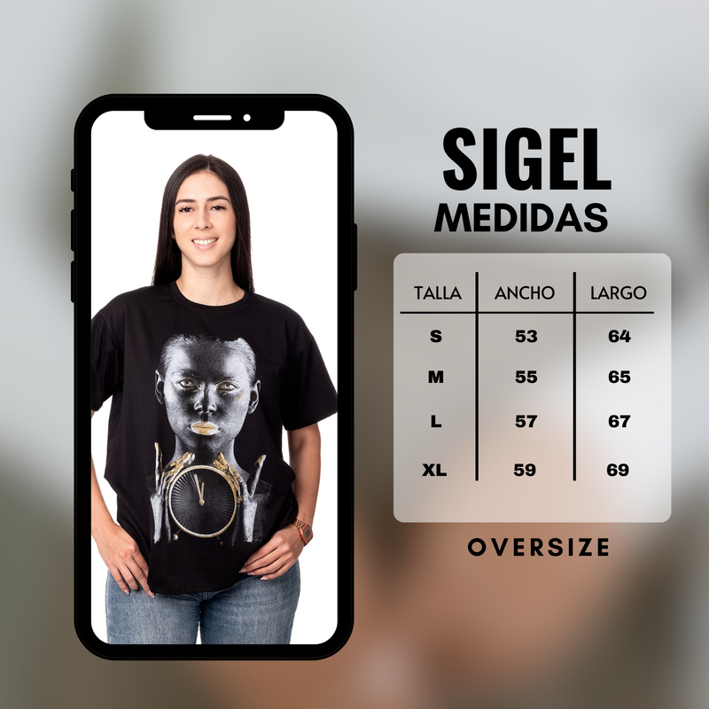 POLERA OVERSIZE MUJER SIGEL ESTAMPADO GOLDEN CLOCK NEGRO - 5