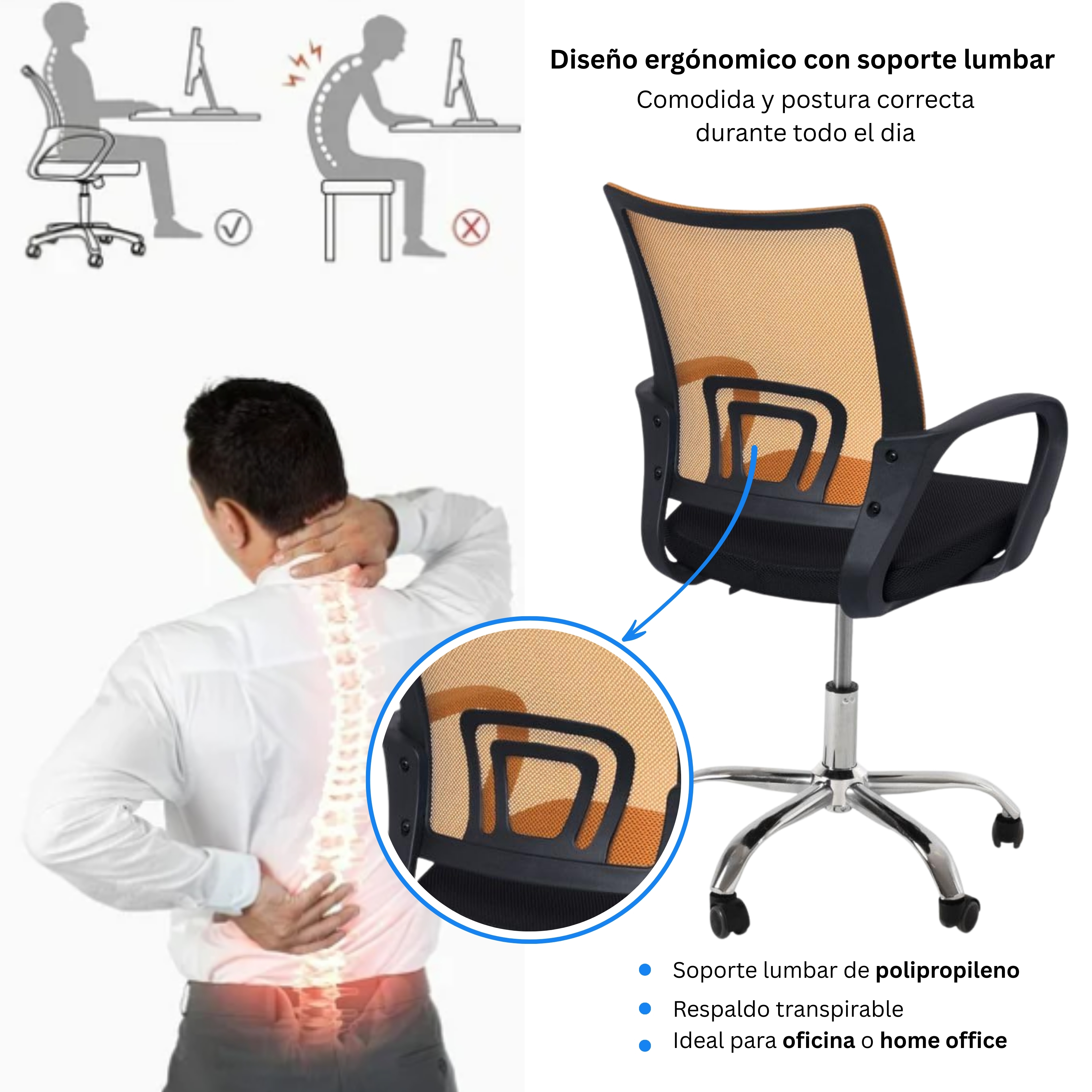 Silla Ejecutiva Ergonómica Nueva York - Respaldo de Malla Naranja, Confort y Estilo para tu Oficina - 2