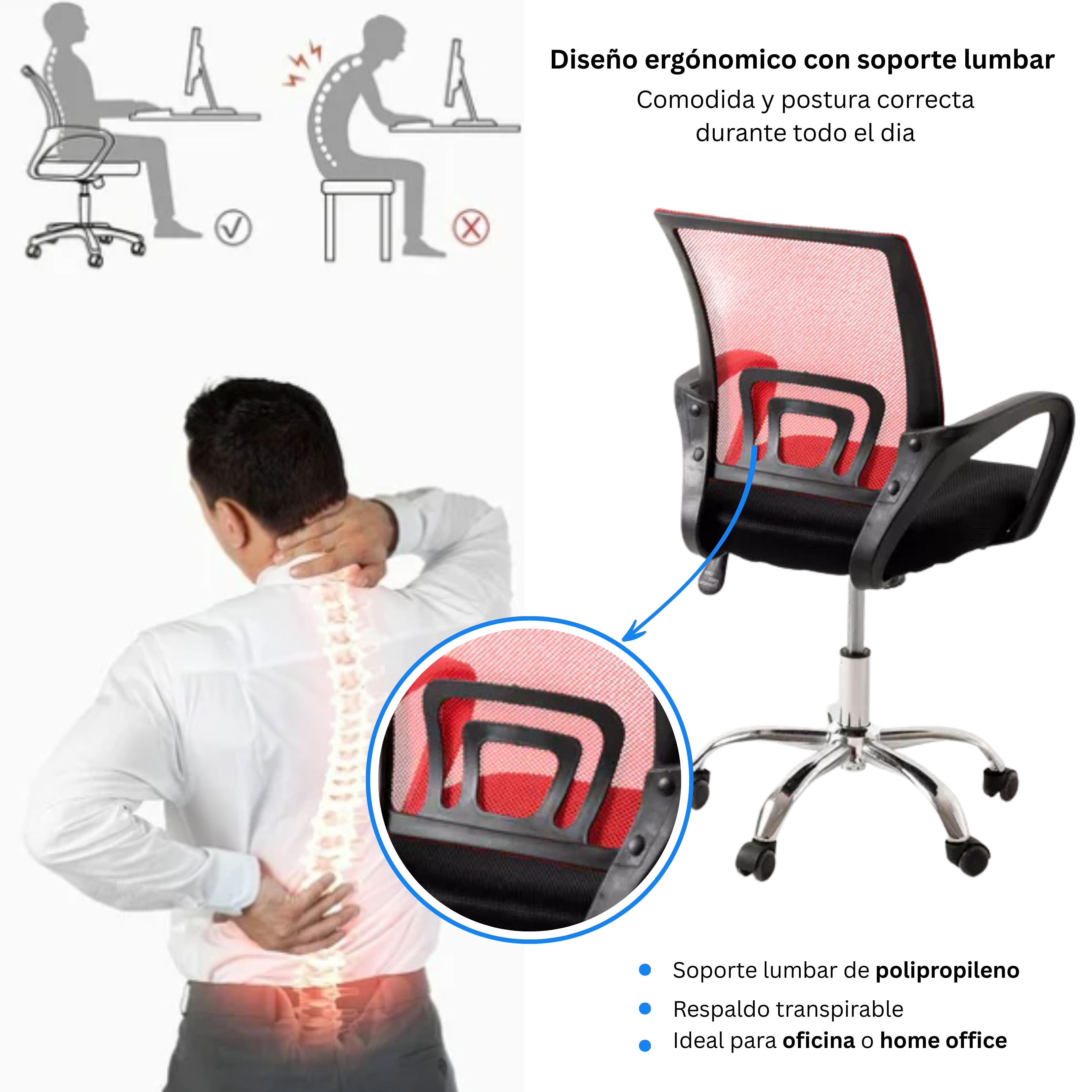 SILLA DE OFICINA EJECUTIVA NUEVA YORK ERGONOMICA RESPALDO MALLA ROJA BM-520MR - 3