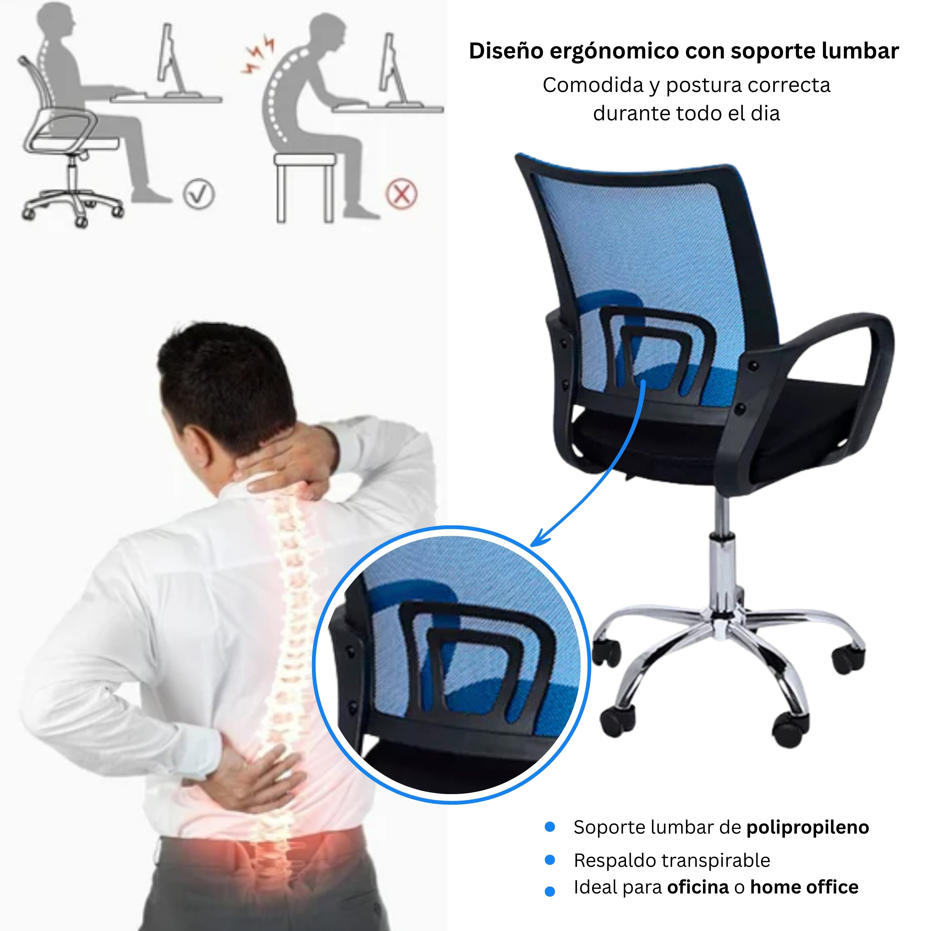 Silla Ejecutiva Ergonómica Nueva York - Respaldo de Malla Azul, Confort y Estilo para tu Oficina - 3