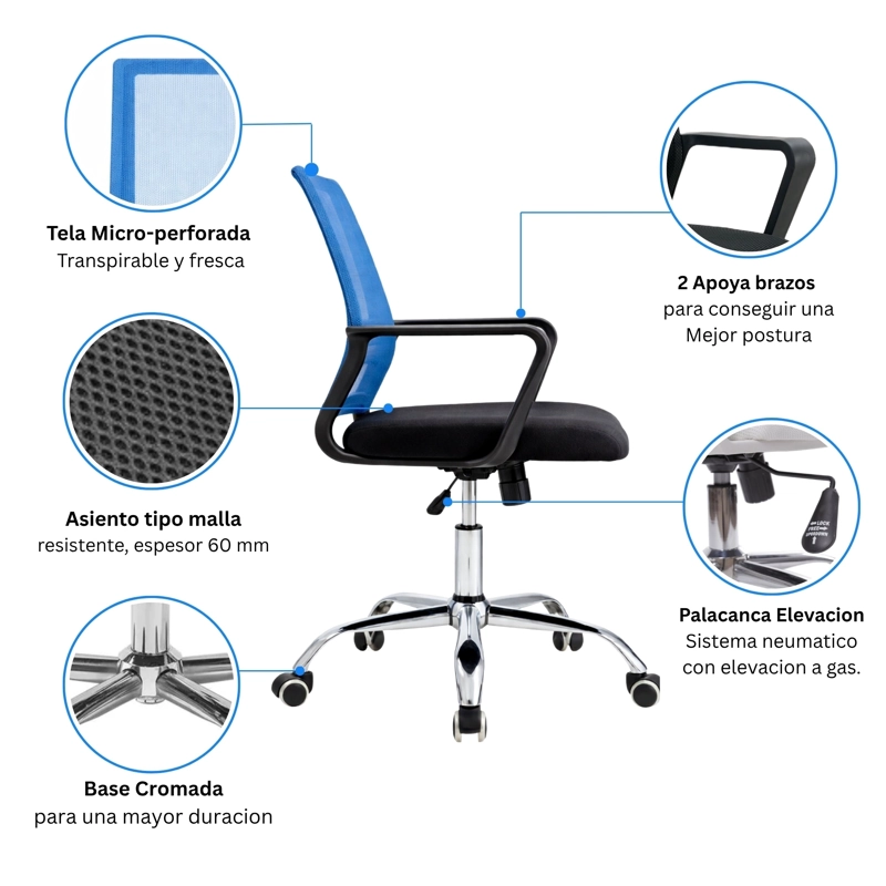 SILLA DE OFICINA NEGRA Y AZUL ERGONOMICA AJUSTABLE SANTIAGO - 3