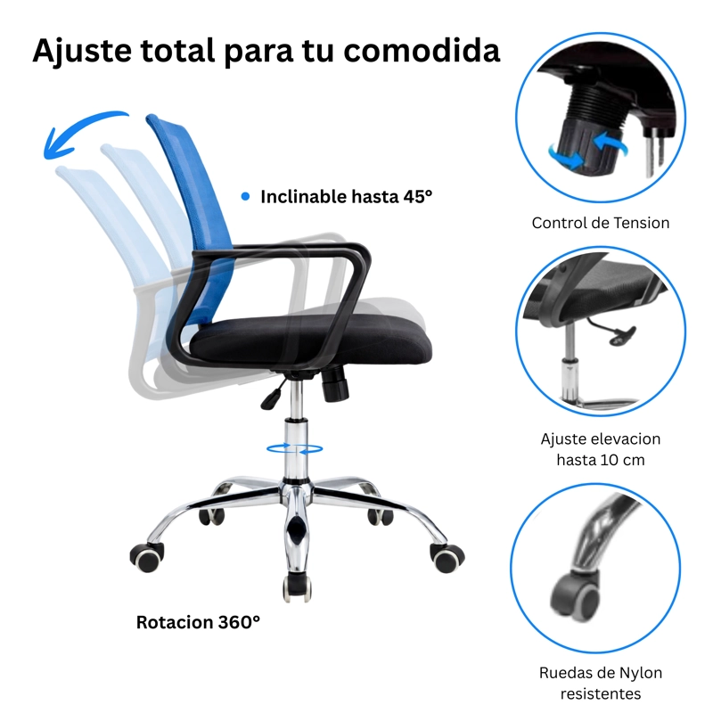 SILLA DE OFICINA NEGRA Y AZUL ERGONOMICA AJUSTABLE SANTIAGO - 4