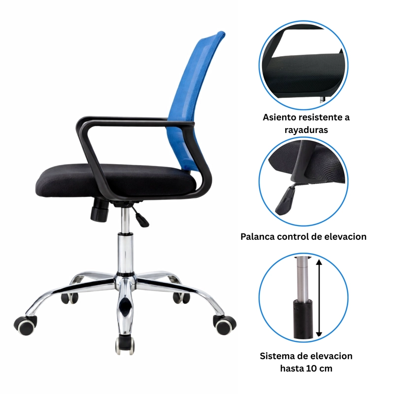 SILLA DE OFICINA NEGRA Y AZUL ERGONOMICA AJUSTABLE SANTIAGO - 5