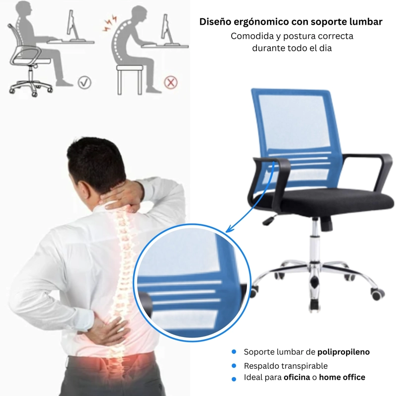 SILLA DE OFICINA NEGRA Y AZUL ERGONOMICA AJUSTABLE SANTIAGO - 6