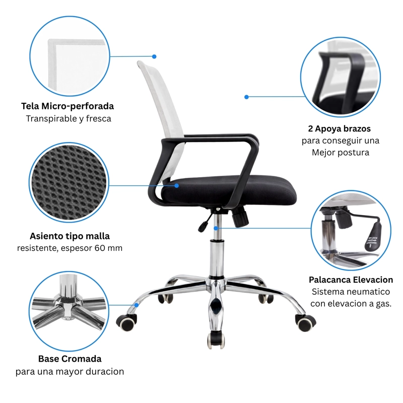 SILLA DE OFICINA NEGRA Y BLANCA ERGONOMICA AJUSTABLE SANTIAGO - 4