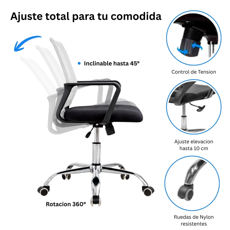 SILLA DE OFICINA NEGRA Y BLANCA ERGONOMICA AJUSTABLE SANTIAGO - 5