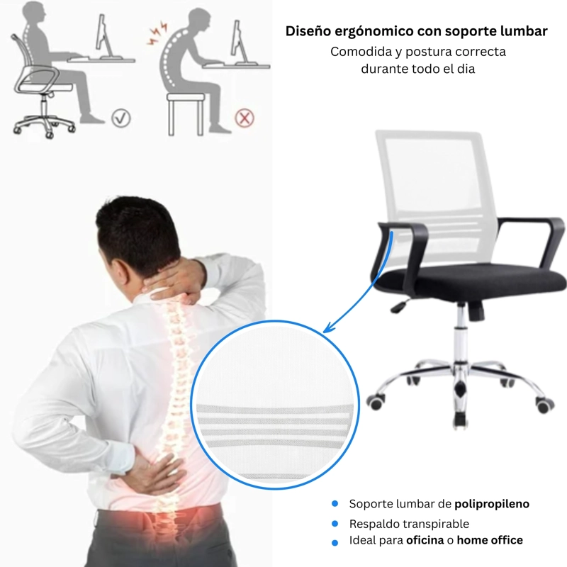 SILLA DE OFICINA NEGRA Y BLANCA ERGONOMICA AJUSTABLE SANTIAGO - 7