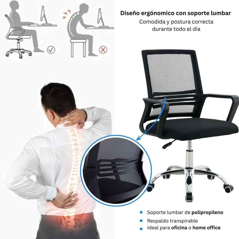 SILLA DE OFICINA NEGRA ERGONOMICA AJUSTABLE SANTIAGO - 6