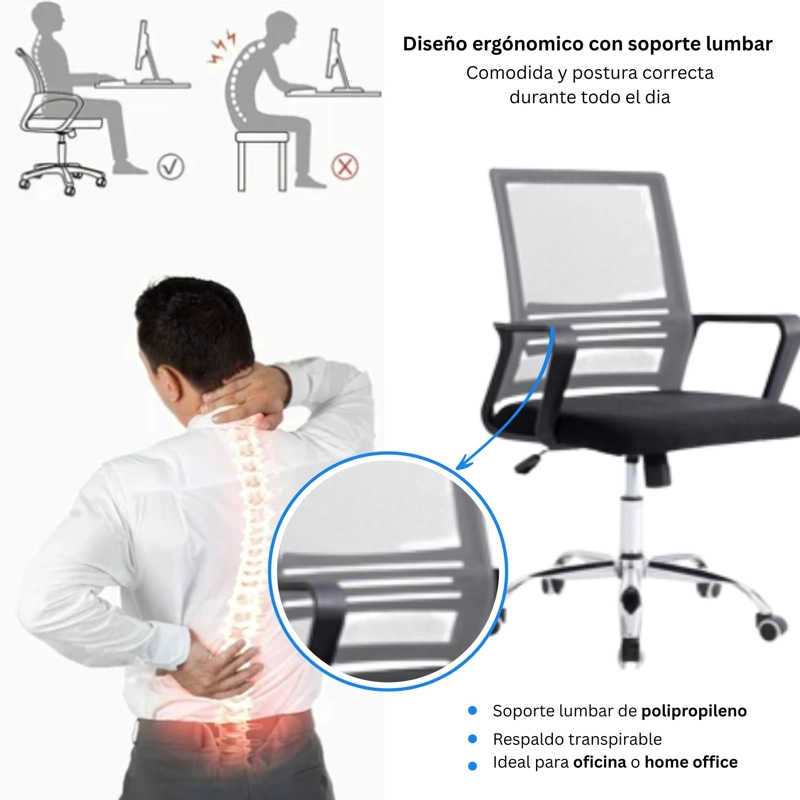 SILLA DE OFICINA NEGRA Y GRIS ERGONOMICA AJUSTABLE SANTIAGO - 6