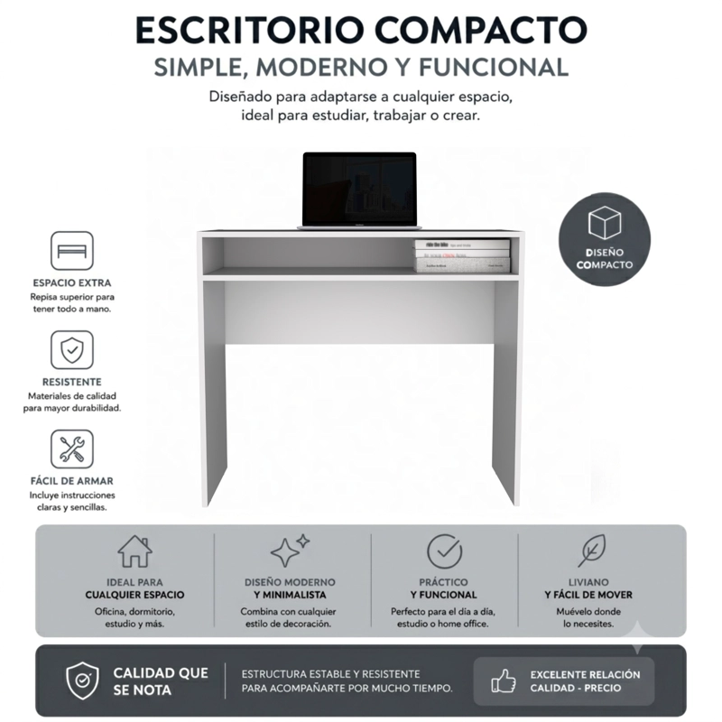 COMBO OFICINA 1 ESCRITORIO BLANCO + SILLA NEW YORK ERGONOMICA ALTURA AJUSTABLE - 1